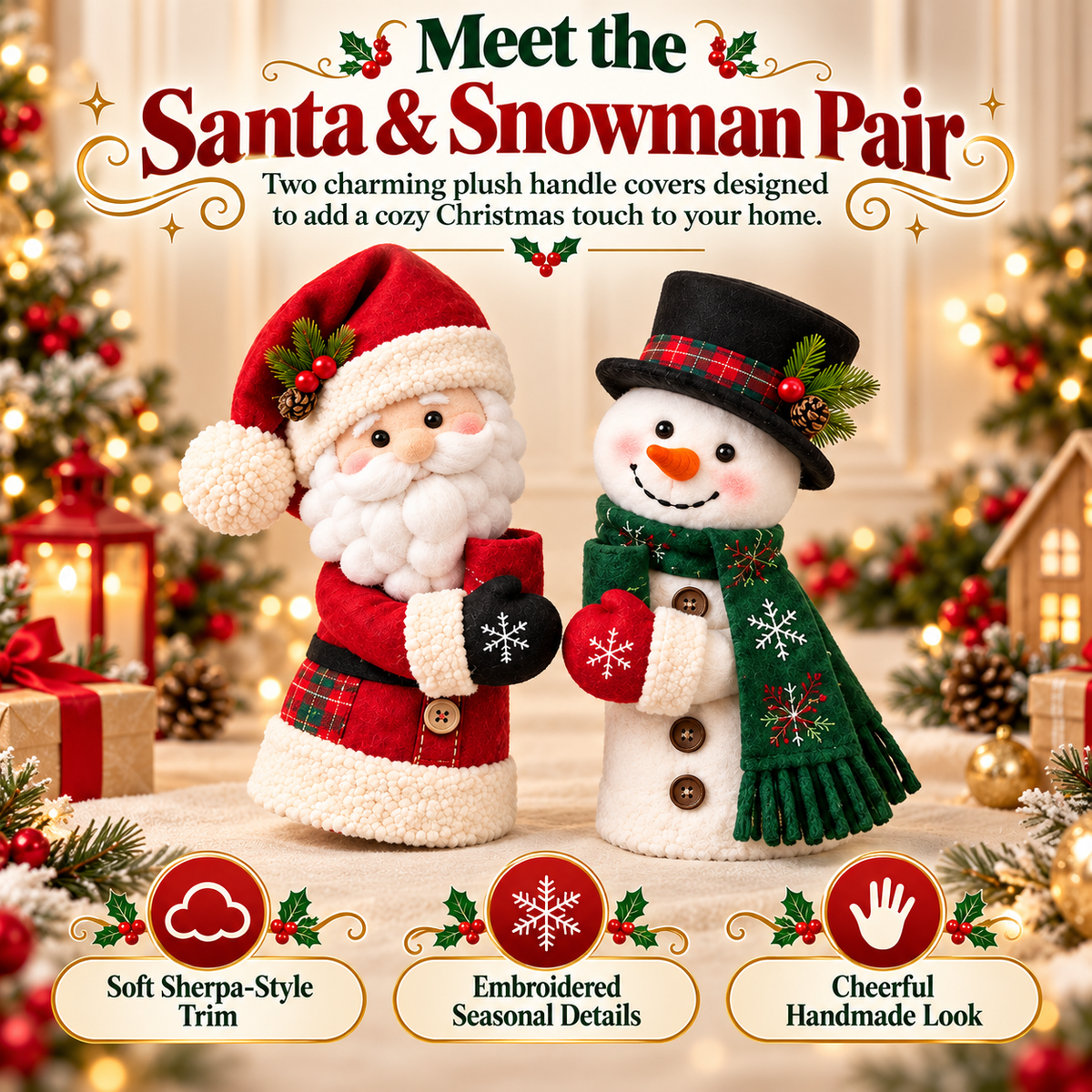 🎄 Christmas Special Sale 🎁 Santa & Snowman Plush Door Handle Covers – Festive Refrigerator & Cabinet Decorations