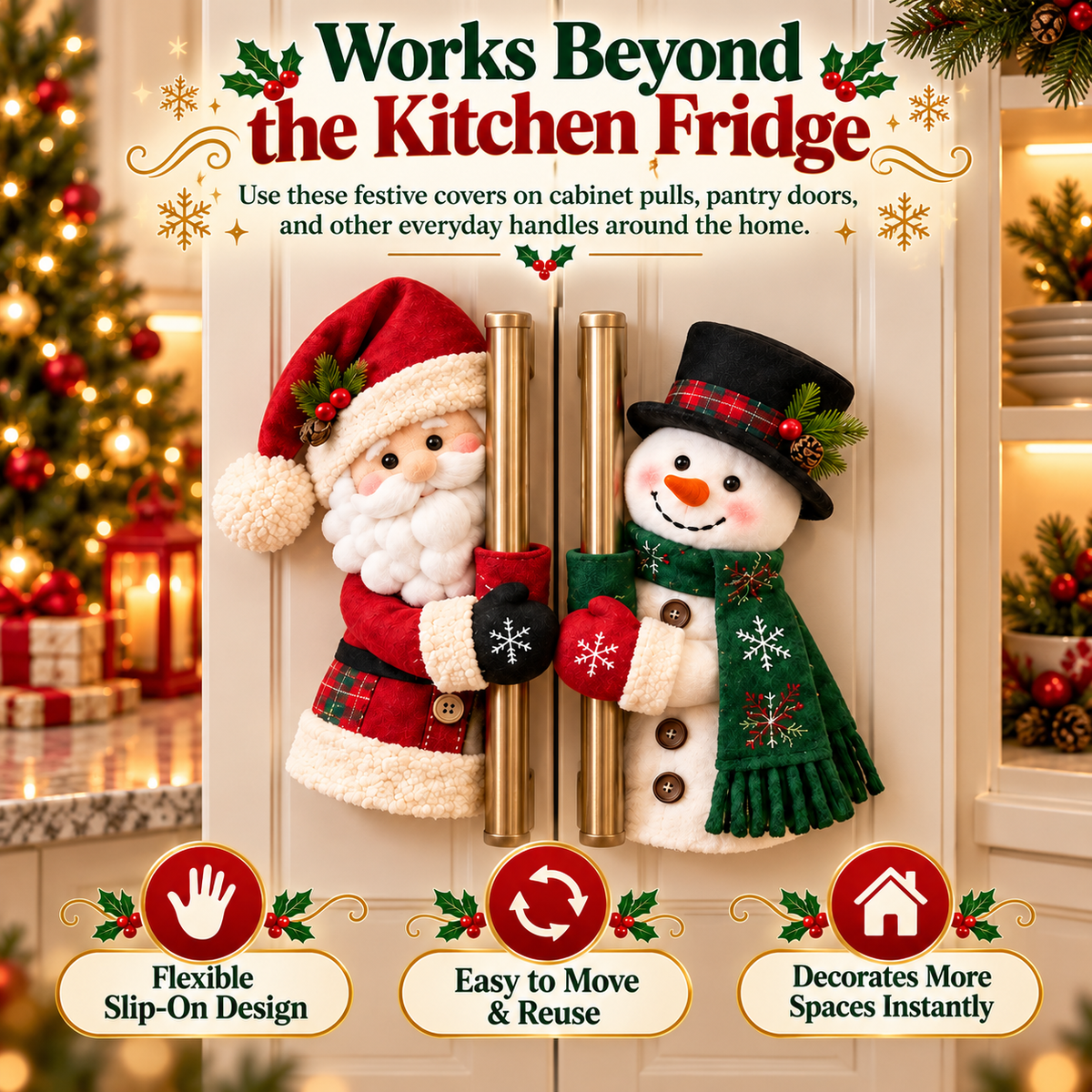 🎄 Christmas Special Sale 🎁 Santa & Snowman Plush Door Handle Covers – Festive Refrigerator & Cabinet Decorations