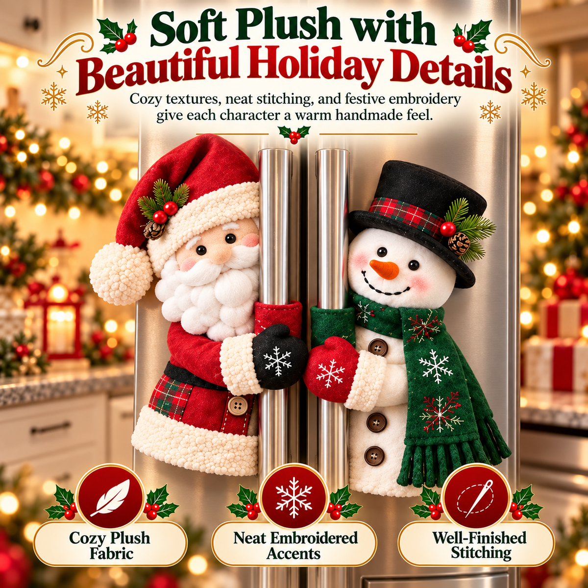 🎄 Christmas Special Sale 🎁 Santa & Snowman Plush Door Handle Covers – Festive Refrigerator & Cabinet Decorations