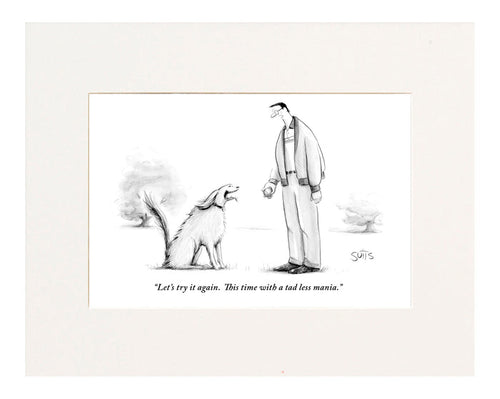 "Let's try it again. This time with a tad less mania." (Man playing fetch with his panting dog.)