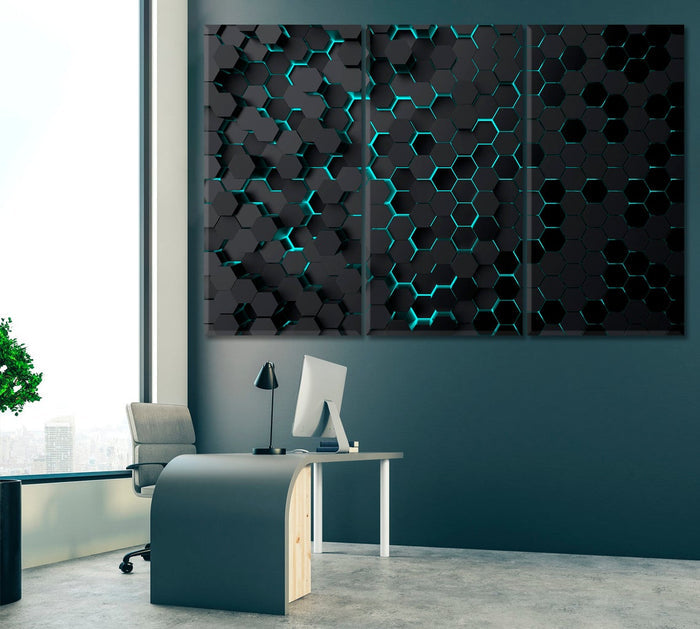 Abstract Hexagonal Technology Wall Art Canvas Printing Decor-3Panels - BlueArtDecor