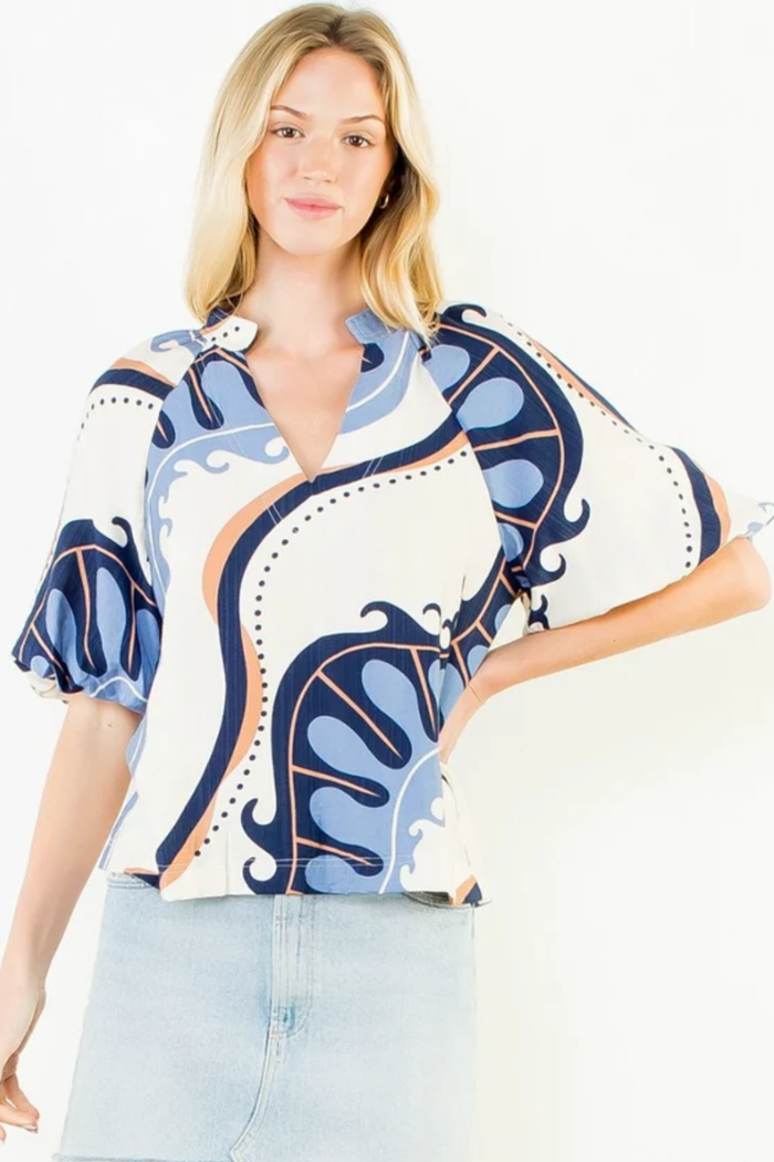 Abstract Print Top with Puff Sleeves