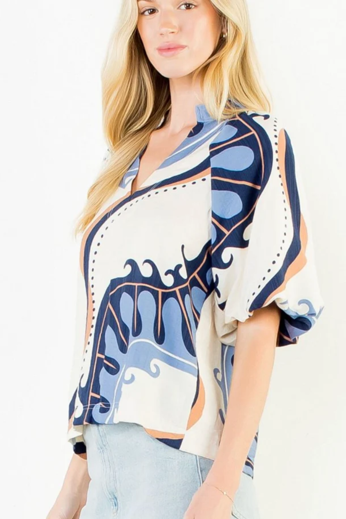 Abstract Print Top with Puff Sleeves