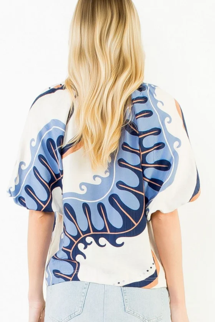 Abstract Print Top with Puff Sleeves