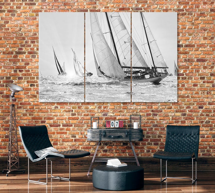 Black and White Yacht Regatta Sailboat Wall Art Frame Canvas Printing Decor-3Panels