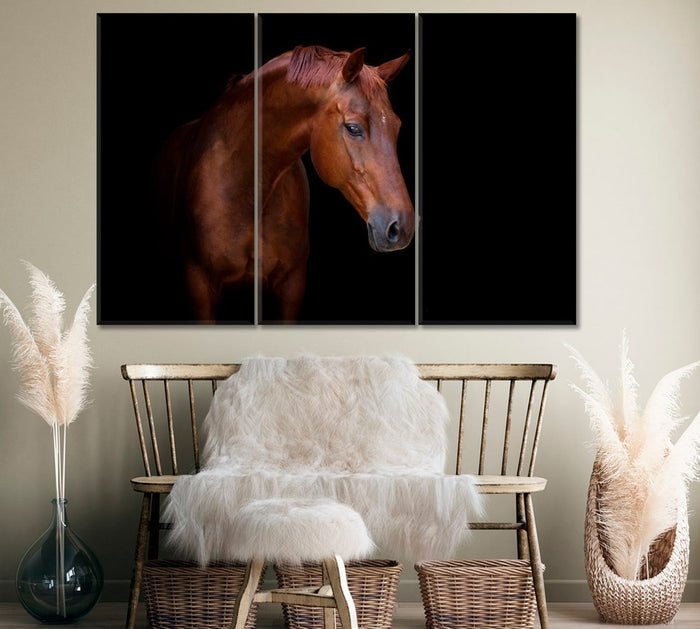 Brown Horse Portrait Wall Art Canvas Printing Decor-3Panels - BlueArtDecor
