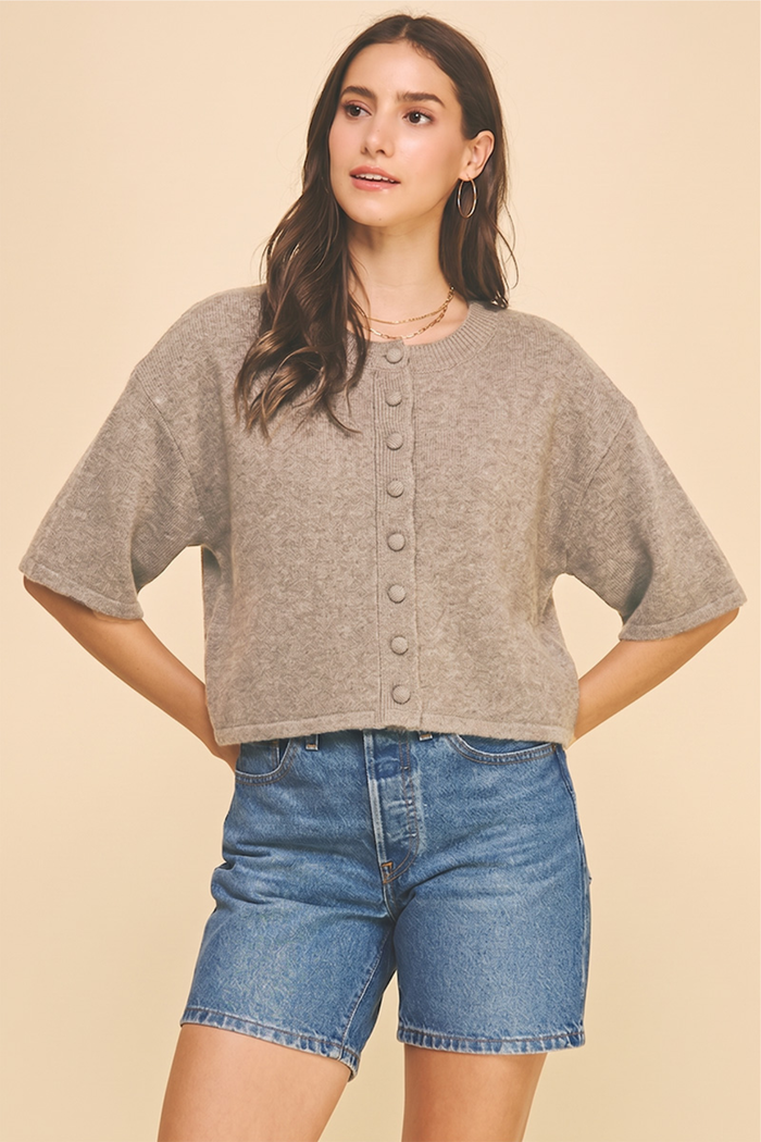 Button Down Short Sleeve Sweater Oatmeal