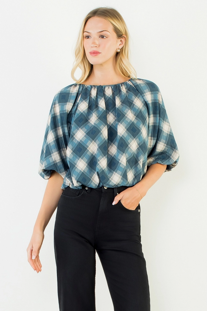 Flowy Cinched Plaid Top Blue