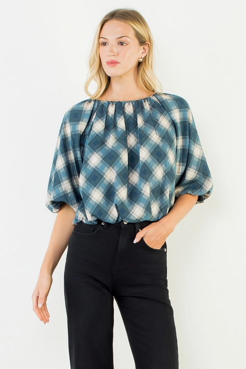 Flowy Cinched Plaid Top Blue