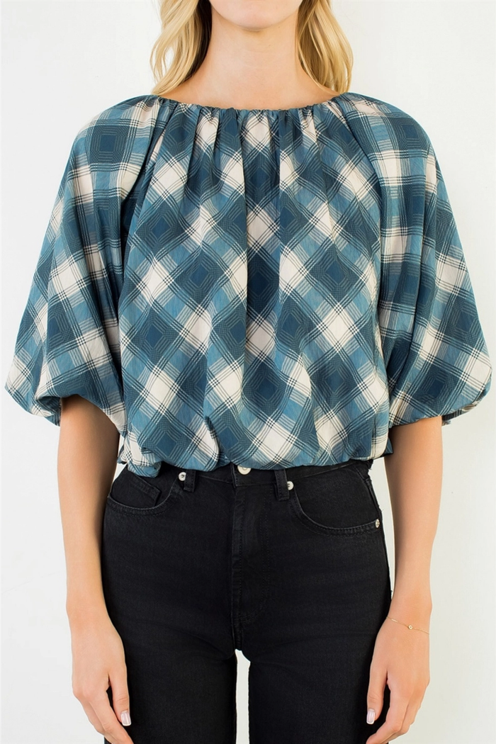 Flowy Cinched Plaid Top Blue