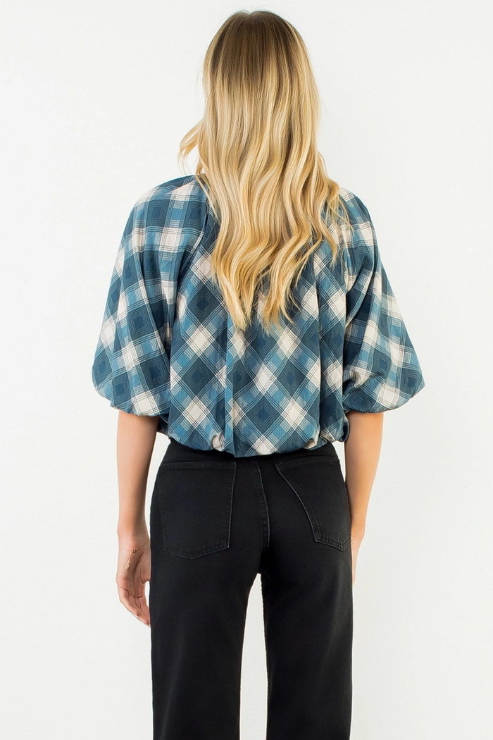 Flowy Cinched Plaid Top Blue