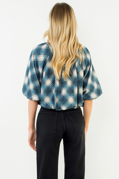 Flowy Cinched Plaid Top Blue