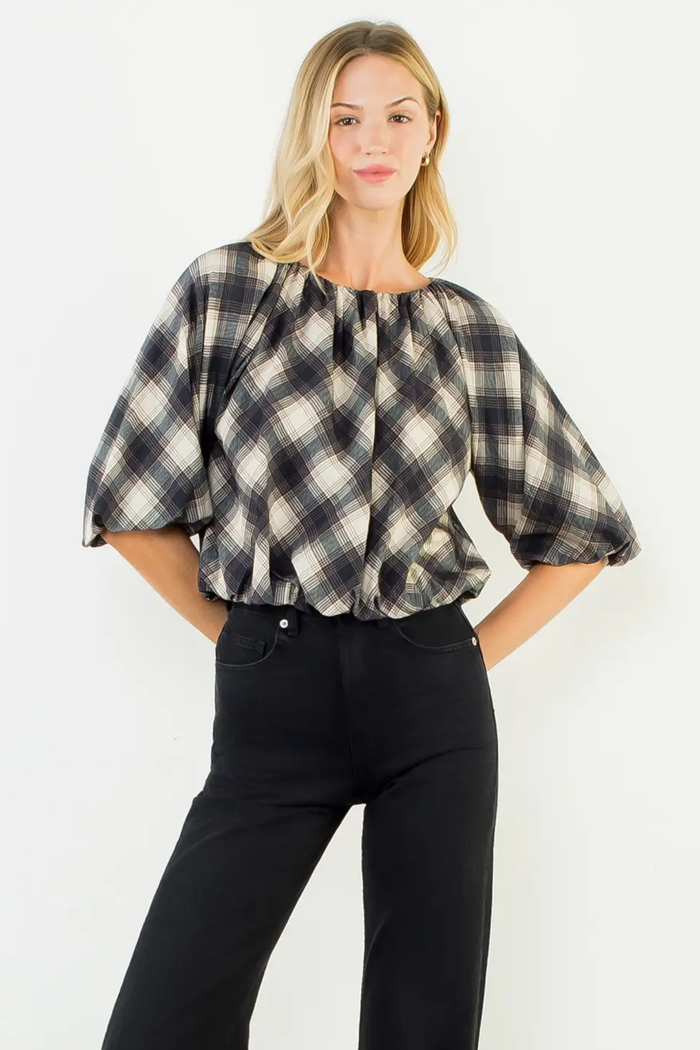 Flowy Cinched Plaid Top