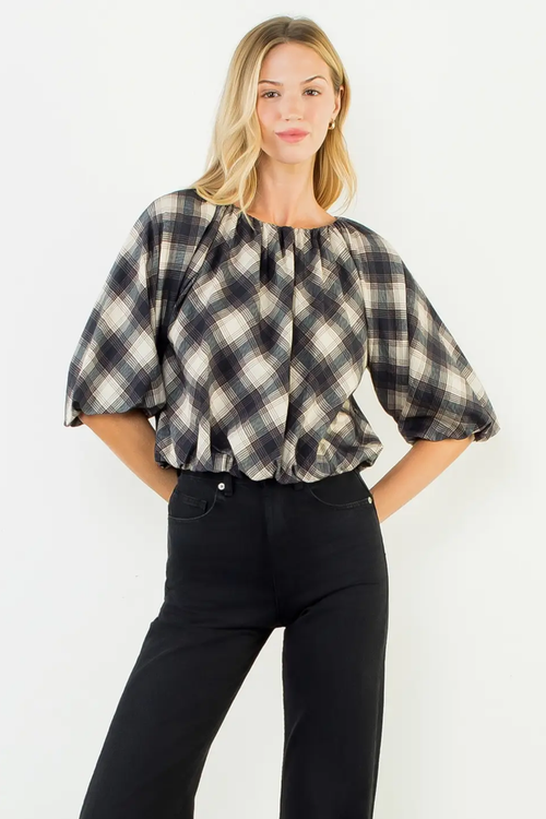Flowy Cinched Plaid Top
