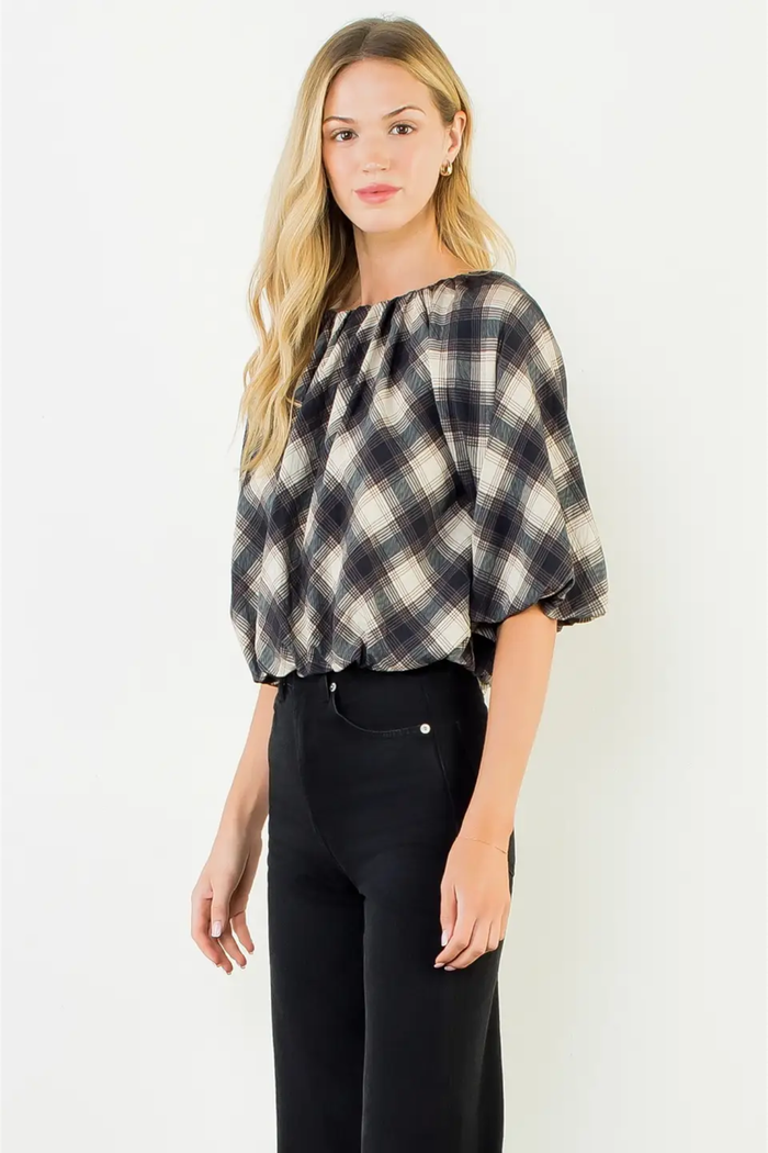 Flowy Cinched Plaid Top