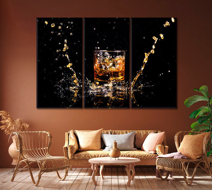 Glass of Whiskey with Splash Wall Art Frame Canvas Printing Decor-3Panels - BlueArtDecor