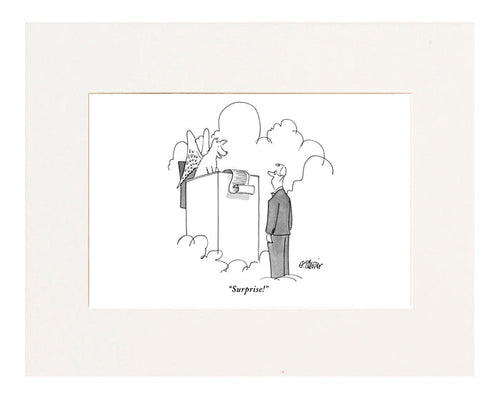"Surprise!" (Dog angel, sitting like St. Peter at the gate of heaven, greets man in suit.)
