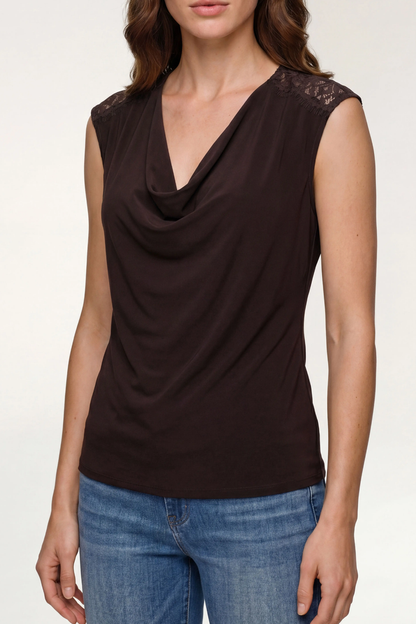 Knit Lace Sleeveless V-Neck Blouse, Java