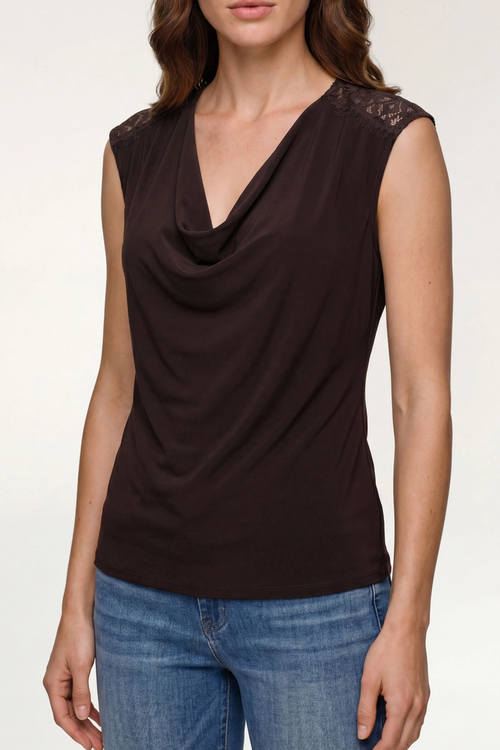 Knit Lace Sleeveless V-Neck Blouse, Java