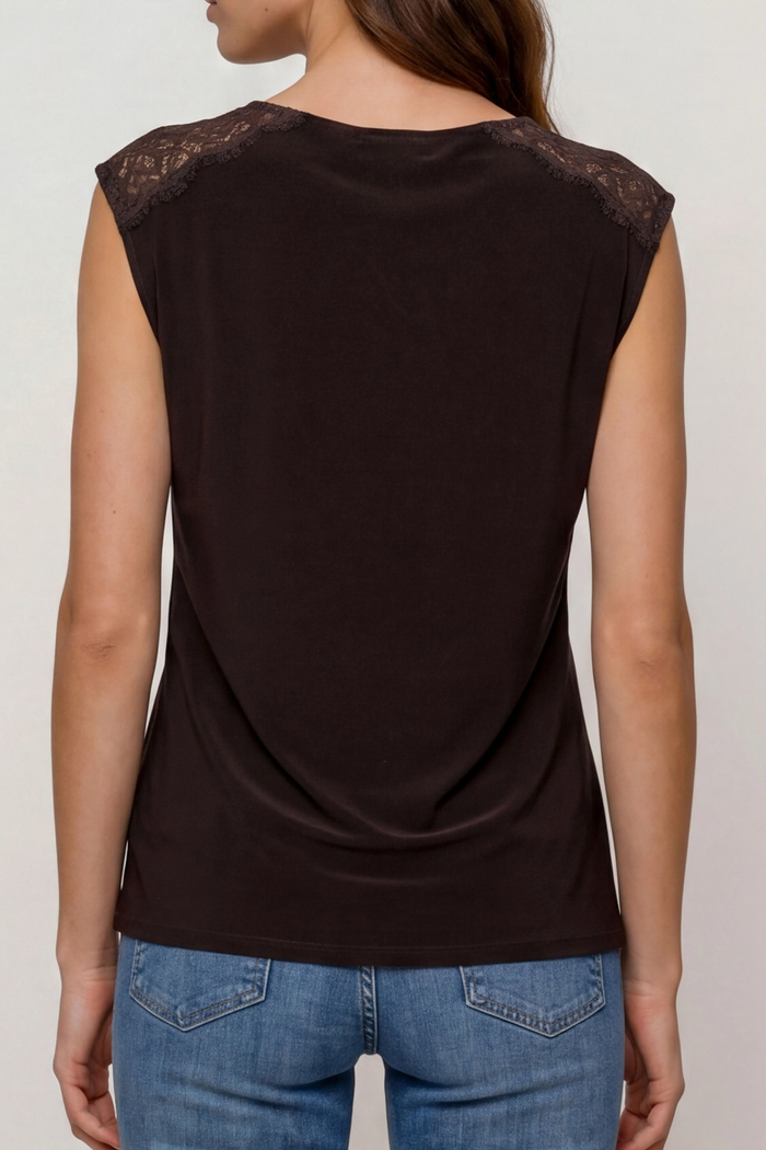 Knit Lace Sleeveless V-Neck Blouse, Java