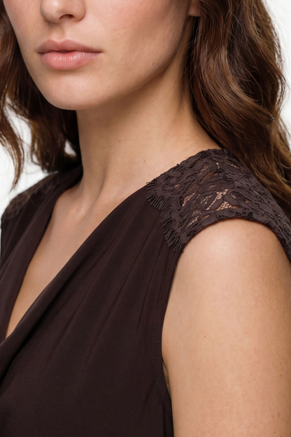 Knit Lace Sleeveless V-Neck Blouse, Java