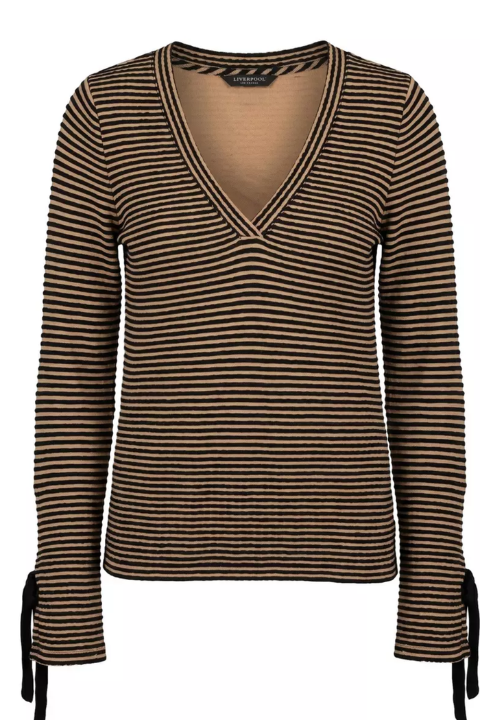 Knit With Ties Long Sleeve V-Neck Tan/Black Stripe