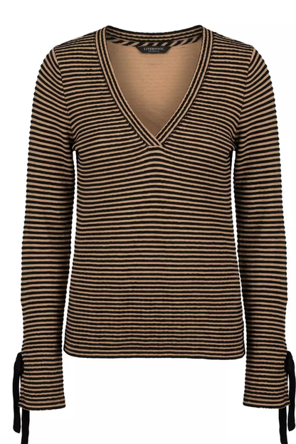 Knit With Ties Long Sleeve V-Neck Tan/Black Stripe