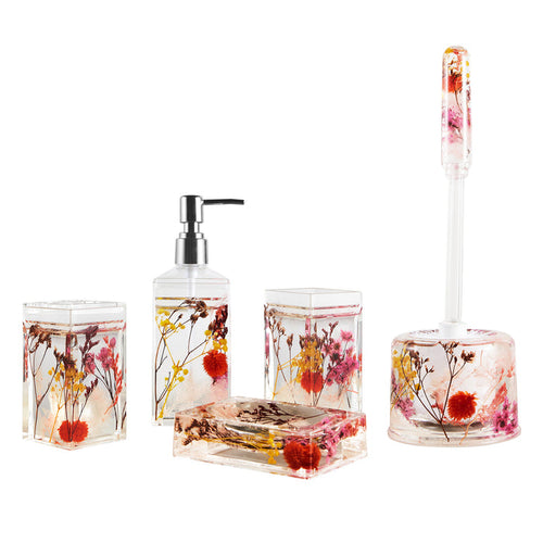 Locco Decor 4 Piece Acrylic Liquid 3D Floating Motion Bathroom Vanity Accessory Set Pink Plants
