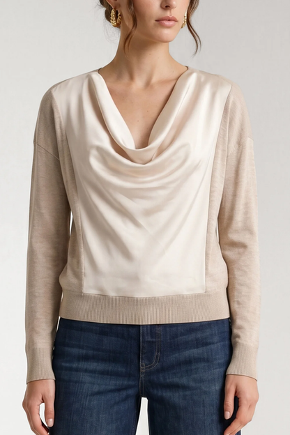 Long Sleeve Drape Neck Woven Sweater, Champagne Melange