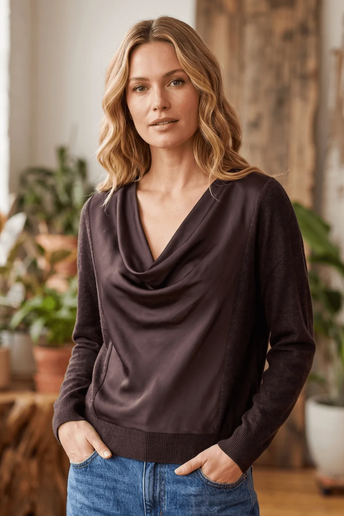 Long Sleeve Drape Neck Woven Sweater, Java Melange