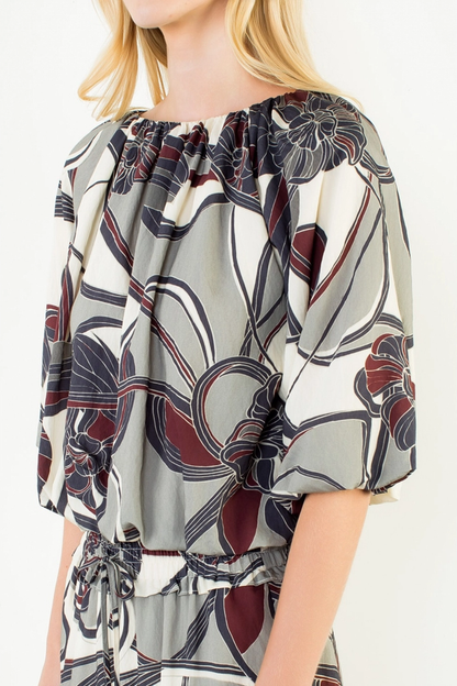 Puff Sleeve Pattern Cinched Top