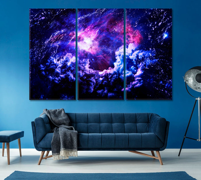 Starry Purple Galaxy Space Wall Art Frame Canvas Printing Decor-3Panels