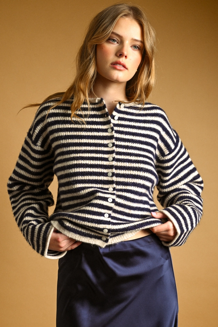 Striped Button Cardigan Sweater, Navy/Oat