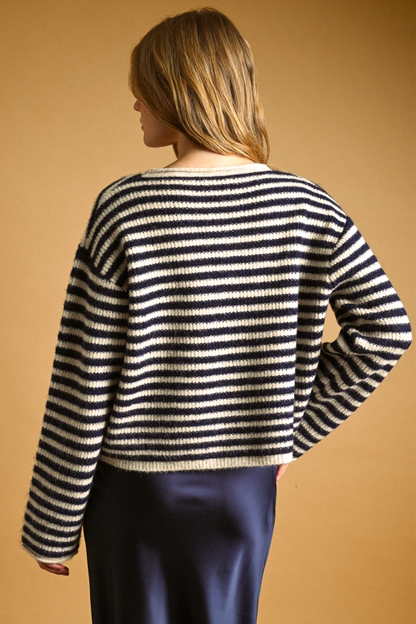 Striped Button Cardigan Sweater, Navy/Oat