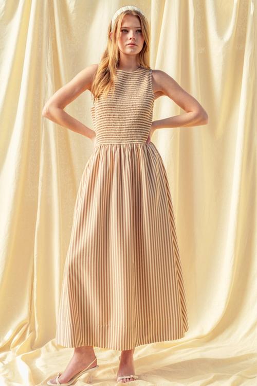 Striped Fabric Smocking Top Long Dress