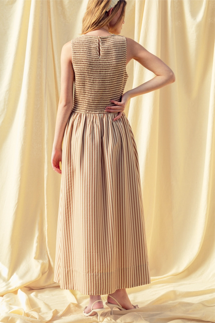 Striped Fabric Smocking Top Long Dress