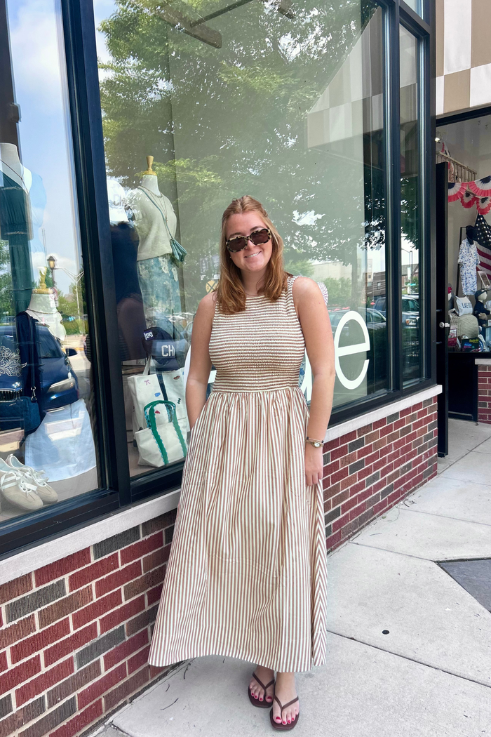 Striped Fabric Smocking Top Long Dress