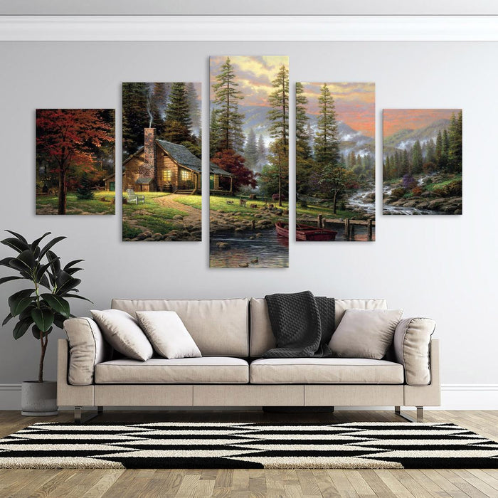The Fishing Cabin Forest Lake Wall Art Frame Canvas Printing Decor