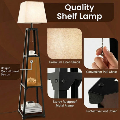 Trapezoidal Design Floor Lamp Linen Shade Modern Living Room Light Black