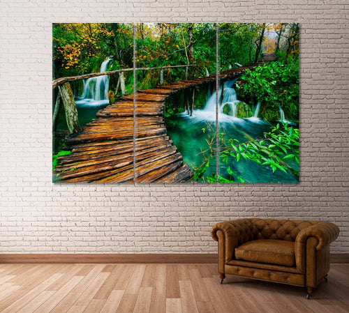 Wooden Bridge Waterfall Wall Art Canvas Printing Decor-3Panels - BlueArtDecor
