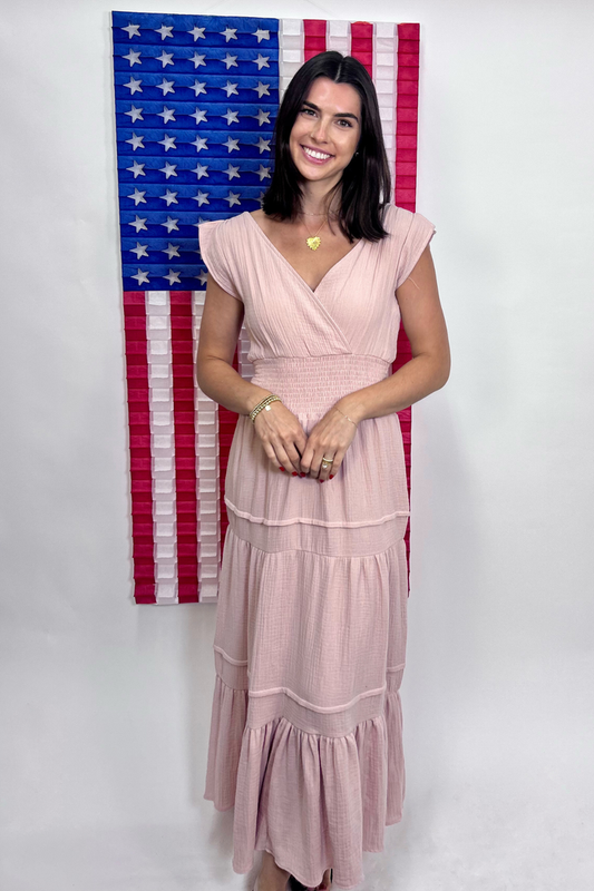 Woven Tiered Midi Dress, Pink