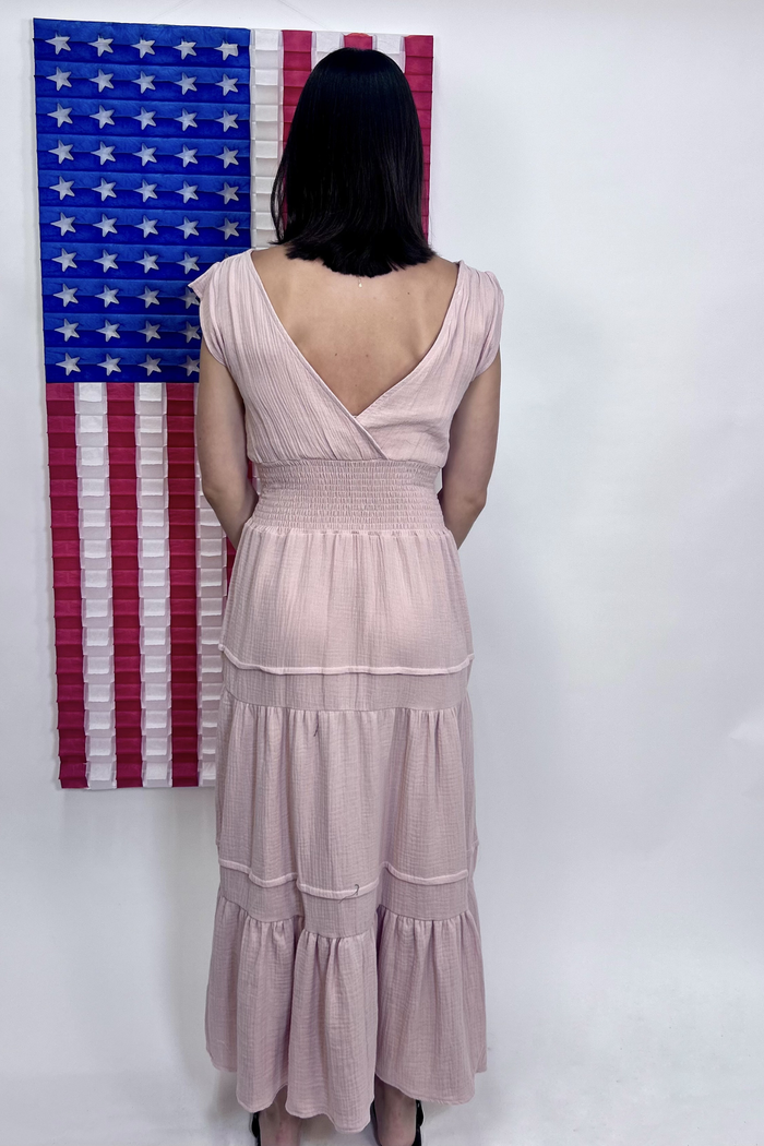 Woven Tiered Midi Dress, Pink
